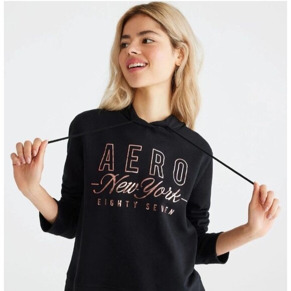 Aeropostale Women’s Medium Black Hoodie Metallic Rose Gold Logo NWT Comfortcore - Picture 3 of 5
